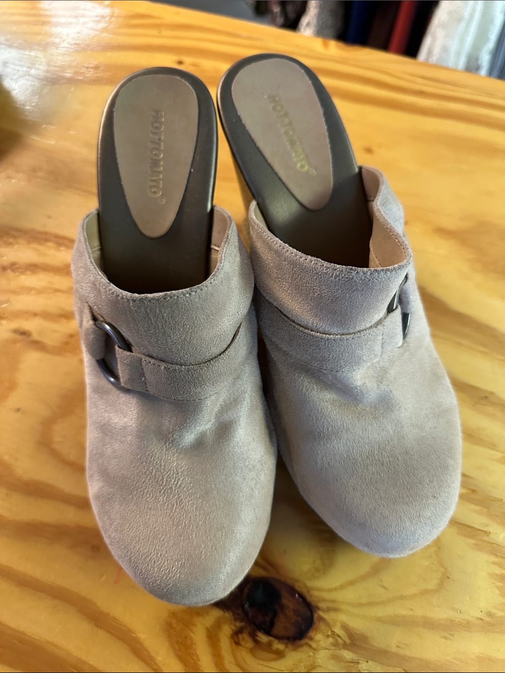 Hot Tomato Women's Comfortiva Suede Taupe Slip-On Buckle Mules Size 8.5